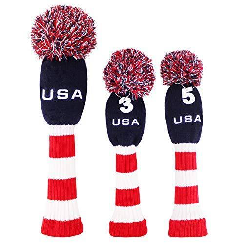 Big Teeth Knitted Golf Club Head Covers Set of 3 Driver 460cc Fairway Hybrid UT Covers Pom Pom with Number Tag