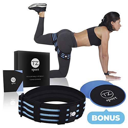 TZ Sport-Adjustable Hip Resistance Band + Bonus 2 Core Sliders | Replaces a set of 3 Bands - Adjusts from 12” to 17” | Non-Slip, Fabric, Thick Booty Band and Sliders for the Perfect Butt, Legs ,Gl
