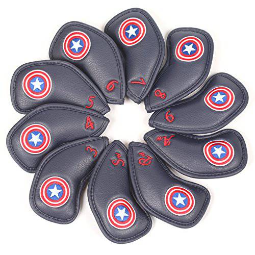 Volf Golf 10pcs Captain America Style Thick Synthetic Leather Golf Iron Head Covers Set Headcover Fit Most Golf Brands Irons Heads