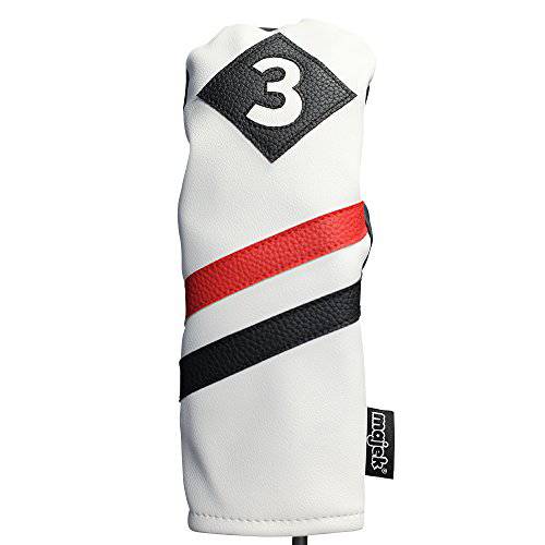 Majek Retro Golf Headcover White Red and Black Vintage Leather Style 3 Fairway Wood Head Cover Classic Look