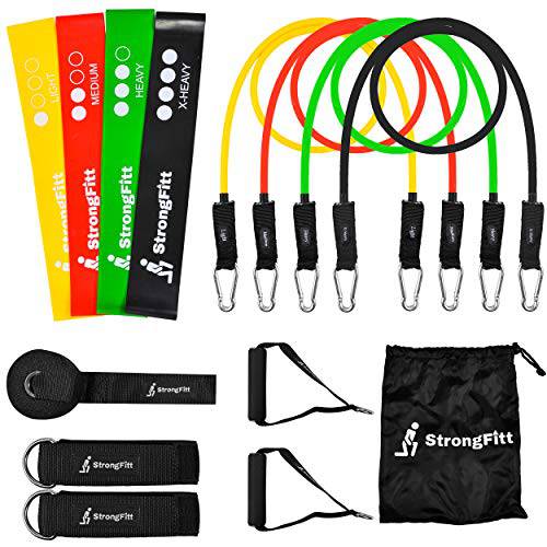 StrongFitt - Multi Resistance Bands Set - Heavy Exercise Bands - Enjoyable Fitness Bands - Workout Bands - Rehab Bands - with Door Anchor - Handles - Ankle Strap - Resistance Loop Bands