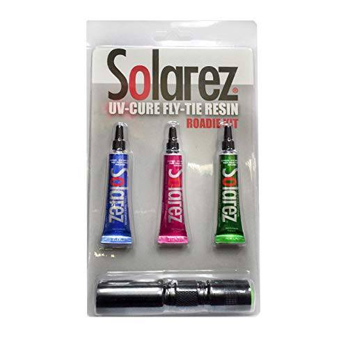 Solarez Fly Tie UV 치료법 레진 - Roadie 키트 - Thin 하드, 두꺼운 하드, 구부러지는 포뮬러 (쓰리 5 gram tubes UV 플래시라이트,조명) Fly 매는, Fly 어업, Build Fly 머리,헤드 and Bodies