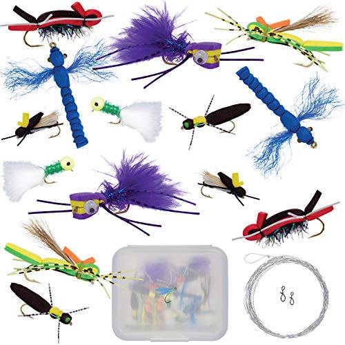 Thor Outdoor  탑워터 Fly 어업 키트  베이스& Panfish | 14 pc 세트+  끝이가는 리더 and 스냅 - 폼 Poppers, Hoppers, 드라이 Flies, Spiders, Ants, Attractors (후크 사이즈 8 to 10)