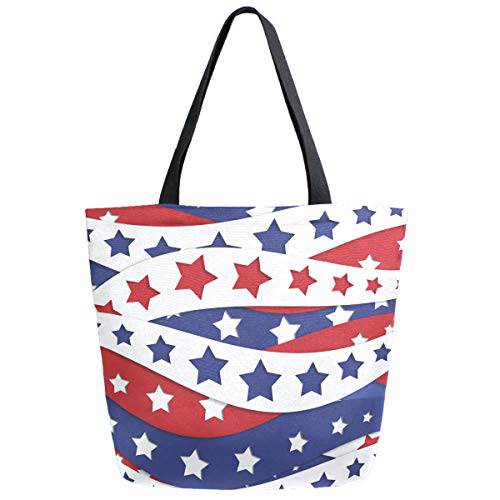 ZzWwR USA 깃발 Patriotic Stars And Stripes 패턴 엑스트라 라지 캔버스 숄더 운반 탑 스토리지 손잡이 백 헬스장 비치 Weekender 여행용 리유저블,재사용 식료품 쇼핑