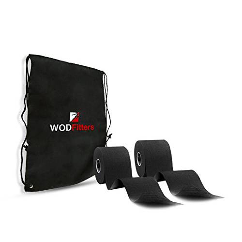 WODFitters  프로 운동요법 테이프  선수 - 방수 - 엑스트라 듀러블 - 2 x 16.5’ Uncut 테라피,테라퓨틱,힐링 테이프 - 2 블랙 Rolls 캐링 백