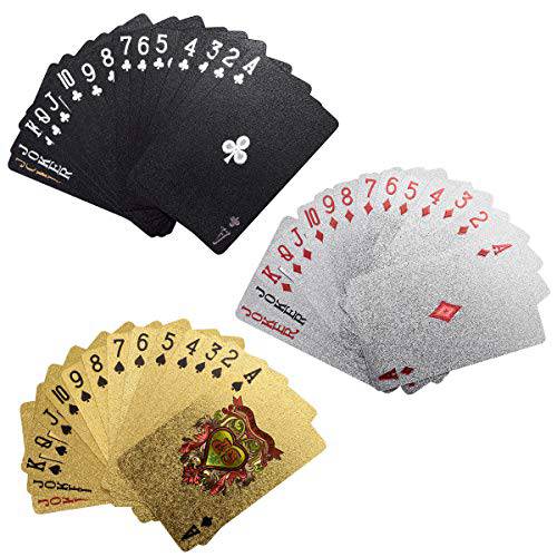Lohoee 3 데크 플레이 카드 방수 포커 카드 플라스틱 포커 카드 Novelty 포커 게임 툴 패밀리 게임 Party(Black+ 실버+ 골드)