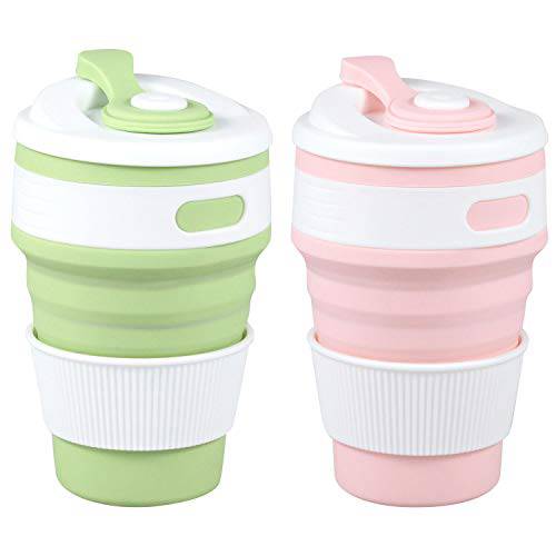MommyLove 2 팩 실리콘 접이식,접을수있는 Cups(350ML Each) BPA-Free 리유저블,재사용 여행용 컵, 스포츠 병  뚜껑 - 경량/ 새지않는/ 폴더블/ 휴대용 커피 머그잔 캠핑,  아웃도어&  사무실, 오피스