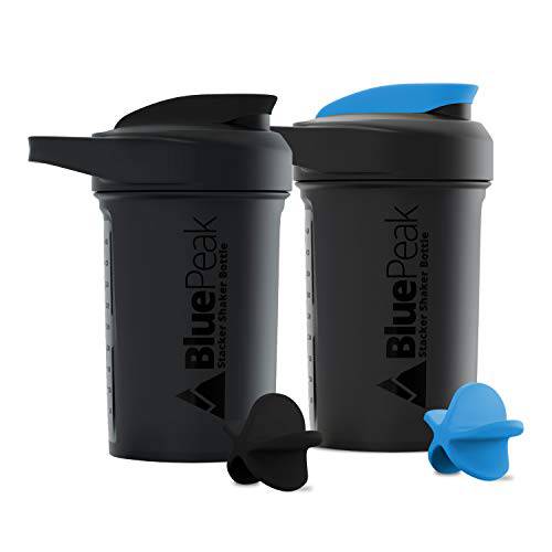 BluePeak  단백질, 프로틴 쉐이커보틀 20-Ounce, 듀얼 믹싱 테크놀로지. BPA 프리, 쉐이크,쉐이커 볼&  믹싱 Grids 포함 (이중 Black-Blue)