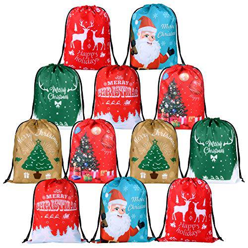 KUUQA 12Pcs 크리스마스 드로스트링 백 Santa 색 크리스마스 선량한체하는 트리트먼트 백 래핑 백 벌크, 대용량 크리스마스 파티 Favors