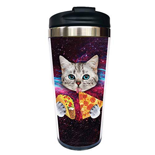 Waldeal  스페이스 피자 고양이 여행용 커피 머그잔 플립 뚜껑, 스테인레스 스틸 텀블러 컵 물병, 워터보틀 15 oz, Funny 컵 Friends 남녀공용, 남녀 사용 가능