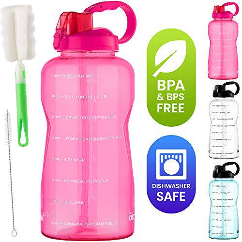 EnergyBud 1 갤런 물병, 워터보틀 빨대 -128 Oz 물주전자, 물주전자, 워터저그 시간 마커, Dishwasher-Safe, 매시간 트래커, 트리탄, 동기부여 Phrases, 2 붓,브러쉬 Leak-Proof, BPA& BPS 프리, 측정 병 (핀