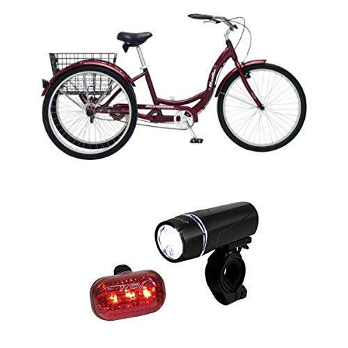 Schwinn  자오선 성인 26-Inch 3-Wheel 자전거 (블랙 체리) and BV 자전거 라이트 세트 슈퍼 브라이트 5 LED 헤드라이트,전조등, 3 LED 테일라이트,후미등, Quick-Release