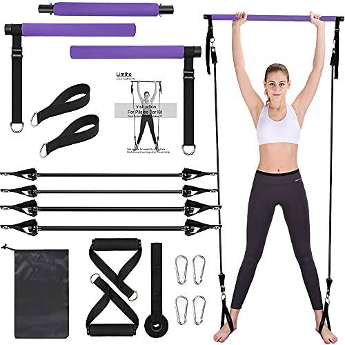 Limthe 필라테스 바 키트 4 저항 Bands(30& 50 LBS), 조절가능 여러 높이, 컴팩트& Protable 3-Section 운동 스틱,막대, 필라테스 바 밴드 세트 가정용 Workout-Yoga, 근육 Toning(Purple)