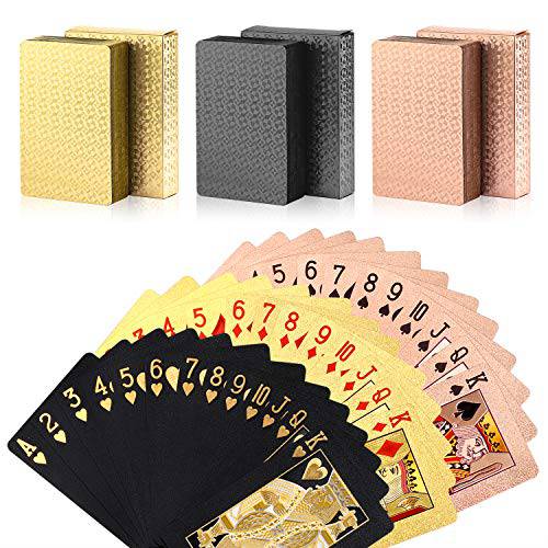 Zayvor 3 데크 플레이 카드 포일 포커 카드 덱 of 카드 24K 골드 다이아몬드 포일 포커 카드 방수 플라스틱 카드 선물 박스, 게임 툴 패밀리 게임 파티- 쿨 블랙, 골드 and 로즈 골드