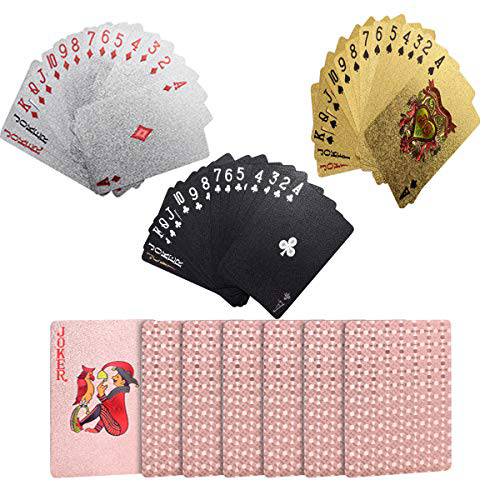 Lohoee 4 덱 플레이 카드 방수 포커 카드 플라스틱 포커 카드 Novelty 포커 게임 툴 패밀리 게임 Party(Black+ 실버+ 골드+ 로즈 골드)