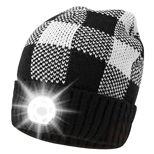 Mitteus 유니섹스 LED 비니 모자 조명포함, 3 조절가능 밝기 조절, USB 충전식,  핸즈프리 LED 전조등,헤드램프, 니트 라이트 헤드라이트,전조등 모자,  남성용,  여성 - 블랙 and 화이트 그리드,격자무늬