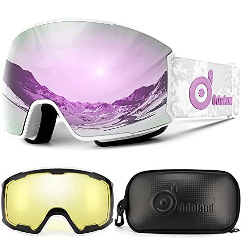 Odoland 스키 고글 세트 자석 호환가능 렌즈, Anti-Fog 100% UV 프로텍트 스노보드 스노우 고글 남성용 여성