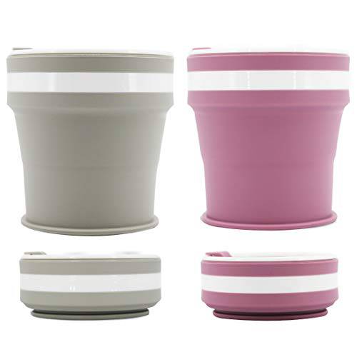 Joyrses 실리카겔 접이식,접을수있는 워터 컵, 커피 컵, 업그레이드된, 컵 커버 봉인 한층더강화된, 12 oz 여행용 캠핑 컵 (그레이+ Purple)2pcs……