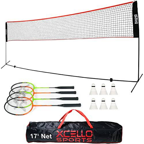 Xcello 스포츠 Complete 휴대용 배드민턴 Net 세트 - 포함 17-Foot 폴더블 Net, 4 라켓, 6 셔틀콕, and 캐리백