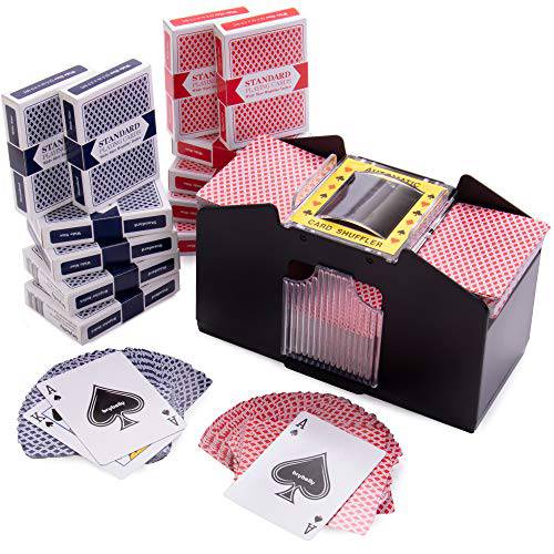 Brybelly 게임 나이트 에센셜 - 4 덱 Battery-Operated 자동 전기,전동 카드 셔플러+ 12 데크 (6 레드/ 6 블루) 레귤러 포커 인덱스 플레이 카드 세트