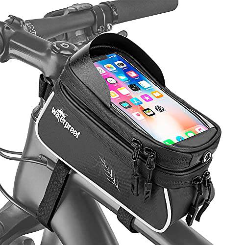 WOTOW 자전거 폰 마운트 백, 방수 자전거 전면 터치 스크린 휴대폰, 스마트폰 홀더 탑 튜브 프레임 핸들 사이클링 악세사리 백 센서티브 반사 Fits 아이폰 13 Xs 맥스 프로 플러스 Up to 6.7