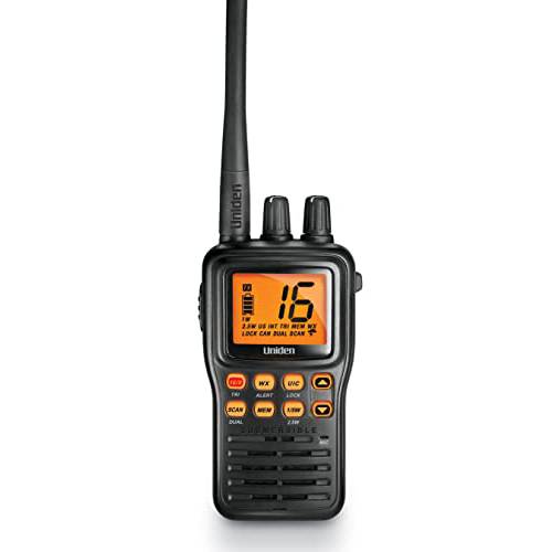 Uniden MHS75 방수 소형,휴대용 2-Way VHF 선박 라디오, 잠수정, 선택가능 1/ 2.5/ 5 와트 Transmit 파워. 모든 USA/ 인터네셔널 and Canadian 선박 채널 - 컬러 블랙