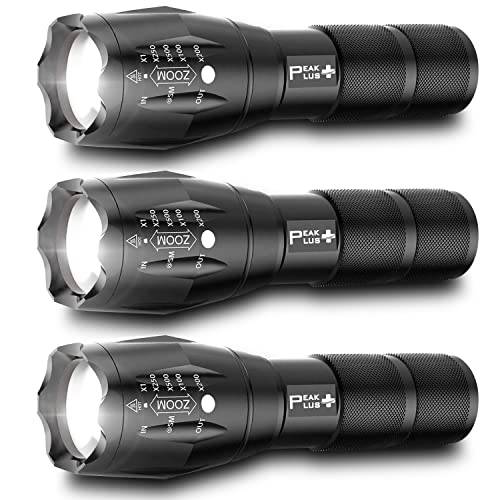 LED 전술 손전등 하이 루멘, 줌가능, 5 모드 브라이트 LED 손전등 응급상황, 캠핑, 아웃도어 LED 플래시 라이트 배터리 전원, 소형,휴대용 손전등 (3 팩) LFX1050 by PeakPlus