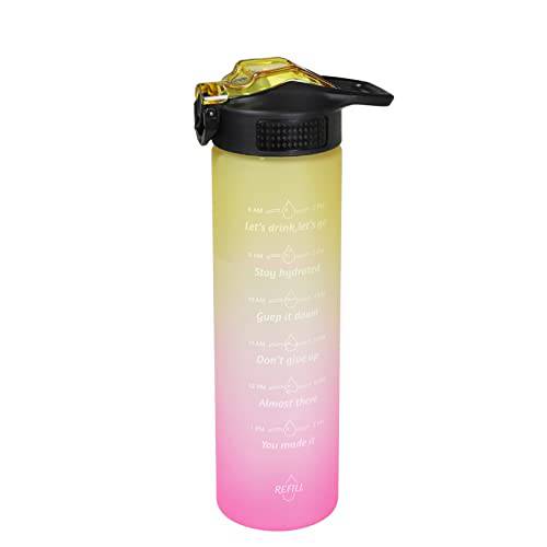 Sfozstra 동기부여 물병, 워터보틀 음료 타임, BPA-Free Leak-Proof 세이프티,안전 잠금 물병, 워터보틀 퀵 수분보충 After Exrcise, 간편 to Carry (Yellow-pink)