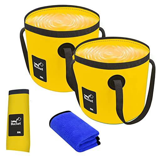 ODDIER 2 팩 휴대용 접이식,접을수있는 버킷 5 갤런, 접이식 워터 스토리지 보관함 핸들, 휴대용 워시 대야,바구니 낚시 자동차 씻는 캠핑 Hiking(20L)-Yellow