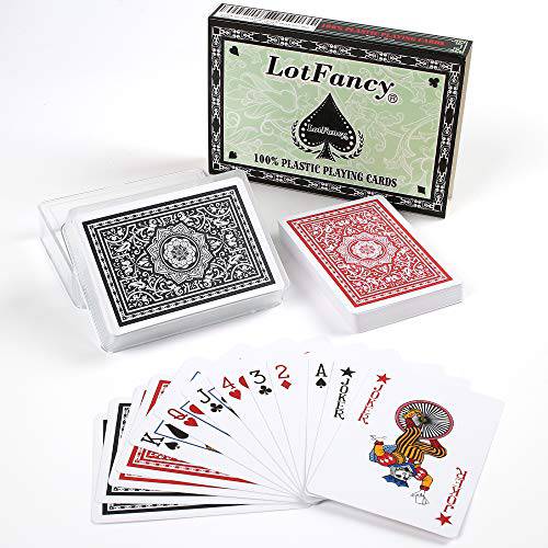 LotFancy 방수 플라스틱 플레이 카드 - 2 데크 of 카드 플라스틱 케이스,  블랙&  레드, 포커 사이즈 스탠다드 인덱스, 매직 트릭 프롭, 수영장 비치 워터 카드 게임