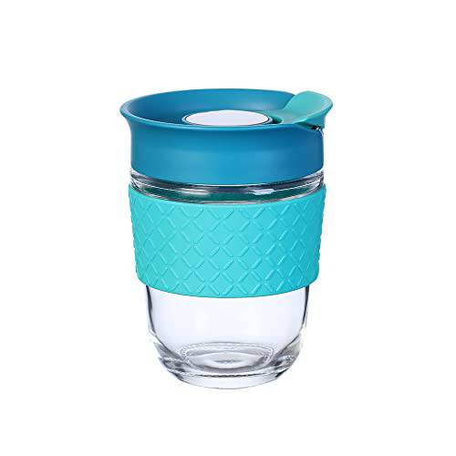 HY3 리유저블,재사용 커피 컵, 12 Oz 클리어 글래스 여행용 머그잔 Flip-open 리드, 100% BPA 프리, 전자레인지 세이프, Anti-slip 실리콘 슬리브 (블루)