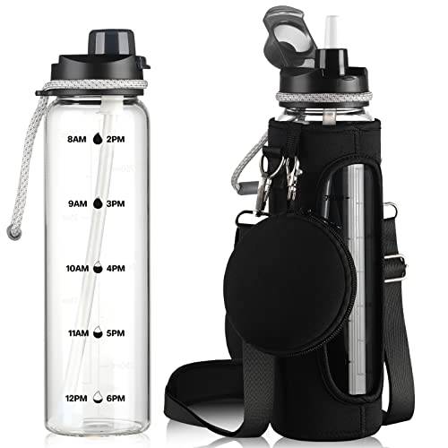 MUKOKO 32oz 글래스 물병, 워터보틀 Times to 음료, 스포츠 동기부여 워터 Wottle 빨대& Sleeve|Reusable BPA 프리 새지않는 리드| Carry Handle|Adjustable 숄더 Strap-Black