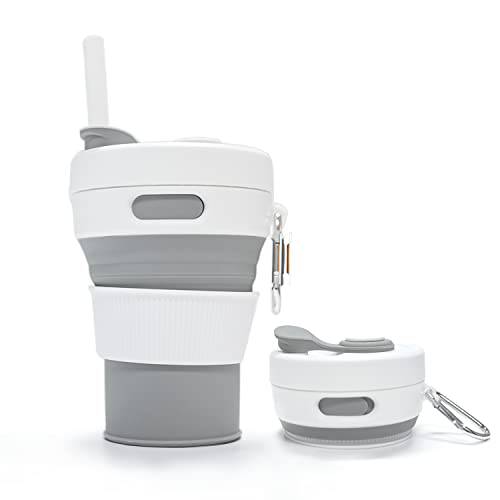 접이식,접을수있는 여행용 컵  빨대 - 실리콘 접이식 캠핑 컵 휴대용 폴더블 여행용 커피 컵 머그잔 - 15.2oz/ 450ml (그레이)