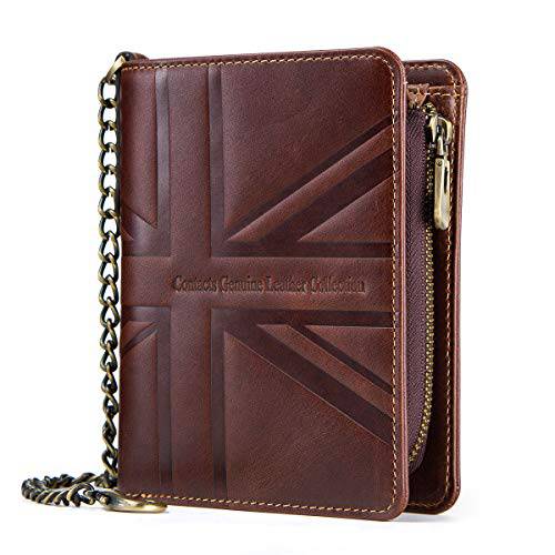 Contacts Mens RFID Blocking Leather Zipper Coin Pocket Purse Wallet with Anti-Theft Chain (Coffee)