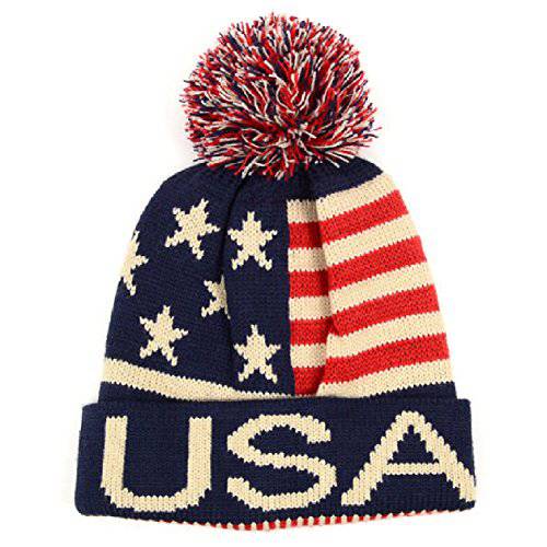 Selini  겨울 모자 - 니트, 커프 비니 폼 폼, USA 깃발 디자인, Warm Fun 콜드 Days, Small-Medium