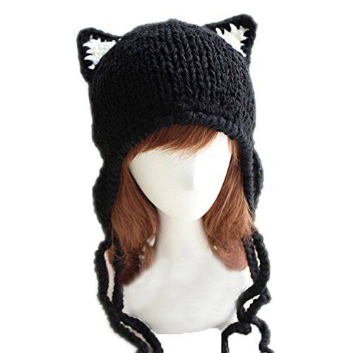 BIKMAN  귀여운 고양이 Ears 니트 모자 이어 덮개 크로셰뜨개질 비니 모자 블랙