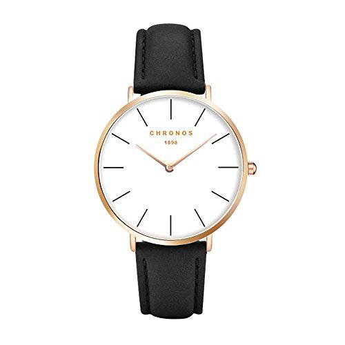 Chronos Simple Men Slim Thin Quartz Leather Watch Large Face Rose Gold Silver Minimalist Watch