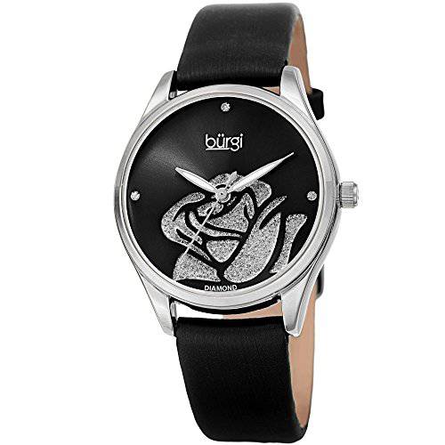 Burgi Women’s Diamond Accented Flower Watch - Rose Cut-Out Dial with Glitter Powder with 4 Diamond Hour Markers On Satin Leather Strap Watch - BUR189