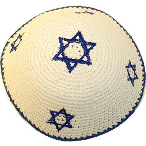 Holy Land Market  화이트 5 블루 Stars of David 17cm DMC 100% 니트 코튼 Kippah Jewish - 2019 출시 M4