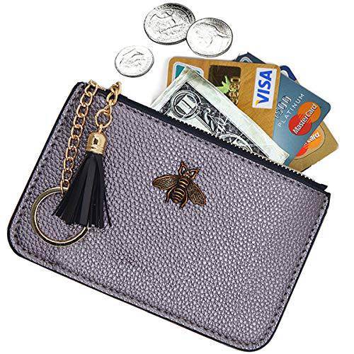 AnnabelZ 동전 지갑 체인지 지갑 파우치 가죽 카드 홀더 키링, 열쇠고리,키체인 Tassel ZIP 블랙