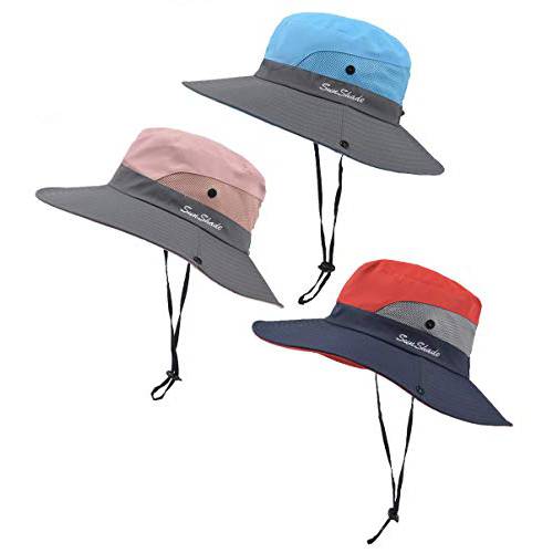 3 피스 Women’s 아웃도어 포니테일 사파리 썬 모자 폴더블 매쉬 넓은챙 비치 어업 모자