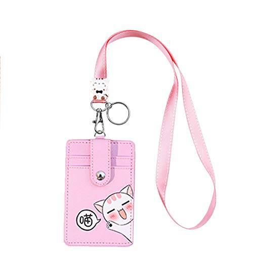 귀여운 넥 파우치, 학생 ID 신용 카드 케이스 배지 홀더 카툰 쉴드 스몰 패션 스트랩 동전 지갑 지갑 키체인,키링,열쇠고리 Panda/ 고양이 (핑크)