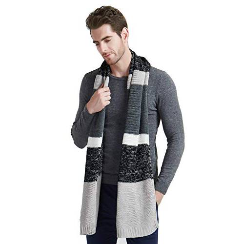 Men’s 겨울 스카프, 컬러 블록 줄무늬 롱 스카프 니트 양모 캐시미어천 느낌 소프트 패션 스카프