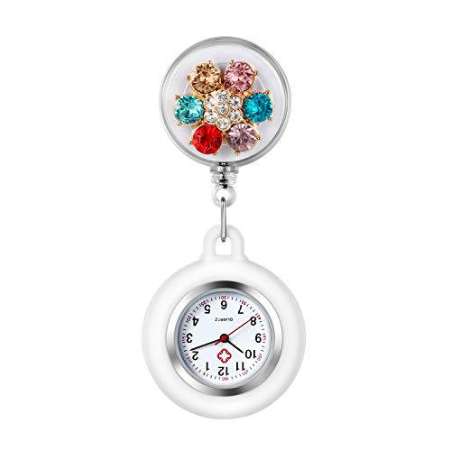AVANER 개폐식 Nurse 시계 Clip-on 걸수있는 포브 시계 귀여운 플라워 패턴 라펠 시계 간호사 의사들 실리콘 커버