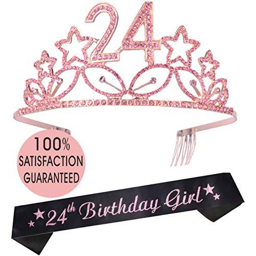 24th 생일 선물 여성용, 24th 생일 Tiara and Sash 핑크, 행복 24th 생일 파티 도구, 24& Fabulous 글리터, 빤짝이 세틴 Sash and 크리스탈 Tiara 생일 왕관 24th 생일 파티 도구