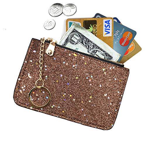 AnnabelZ  동전 지갑 체인지 지갑 파우치 Bling 카드 홀더  키링, 열쇠고리, 키체인 Zip (브라운 골드)