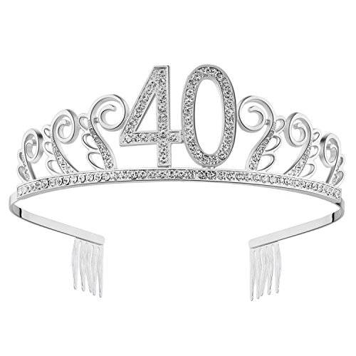 BABEYOND  크리스탈 큐빅 Tiara 프린세스 왕관 생일 Crowns 실버 다이너마이트 행복 18/ 20/ 21/ 30/ 40/ 50/ 60th 생일 (Silver-40th)