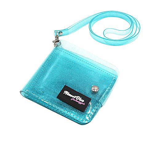카드 홀더 클리어 지갑 투명 지갑 글리터, 빤짝이 PVC 카드 백 여성용 넥 스트랩 접이식 카드 ID 케이스 캐쉬 동전 포토 스티커 홀더 블루