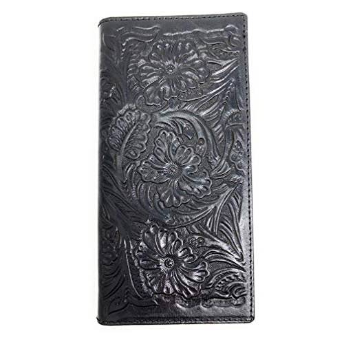 Western 천연가죽 플로럴 도구 레이저 Cut 남성용 롱 바이폴드 지갑 in 4 컬러 (도구 블랙)