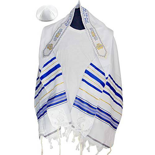 Tallit 기도 숄, 골드 스트립, Made in 이스라엘, 소프트 아크릴 Tallit Bracha (블루, M - 24inch-H x 72inch-W)